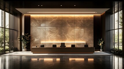 Luxurious modern office reception area with marble wall and sleek reception desk illuminated by warm ambient lighting creating a sophisticated