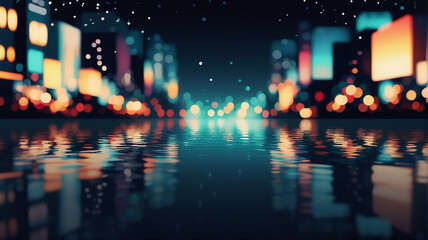 Fototapeta premium City lights blur and glow in the dark night, reflecting on the water below. Buildings line the waterfront in a vibrant, out-of-focus cityscape scene.