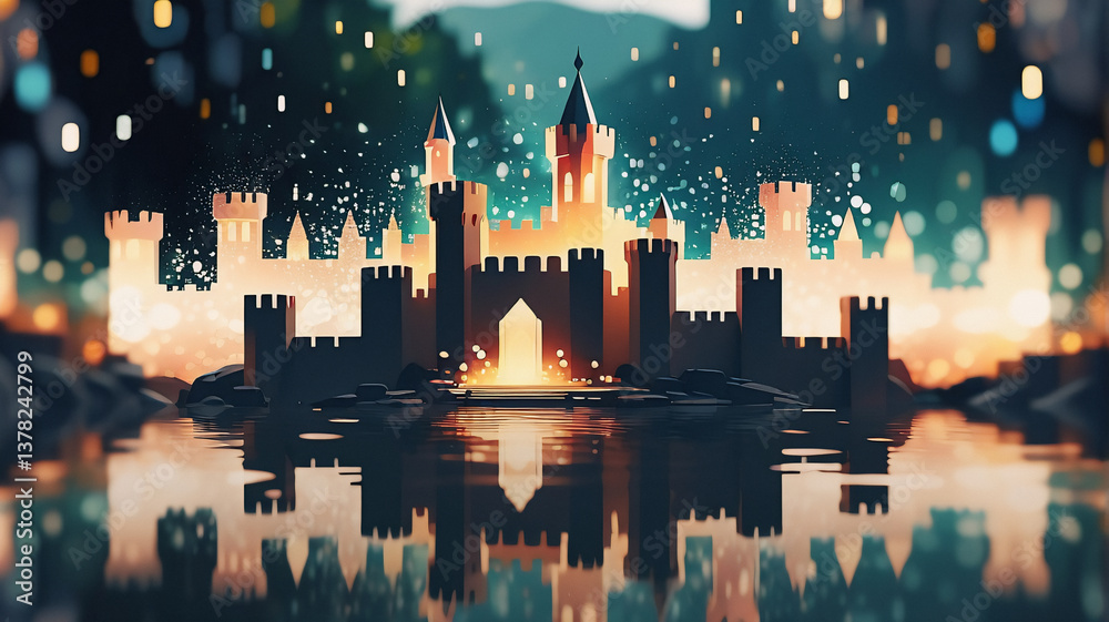 Poster Enchanting castle silhouette reflects in water at night, with soft bokeh lights creating a magical atmosphere.  A dreamy scene of fantasy and wonder.