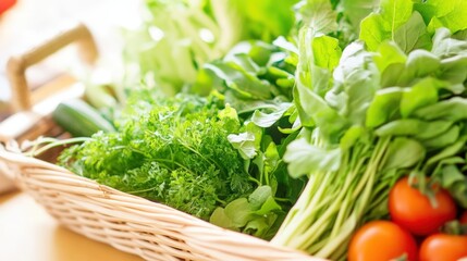 Fototapeta premium A woven basket brimming with a vibrant assortment of fresh, healthy greens, showcasing a variety of textures and hues. A testament to nature's bounty.