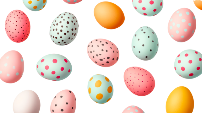Easter eggs collection, colorful painted eggs, black background, cut out transparent