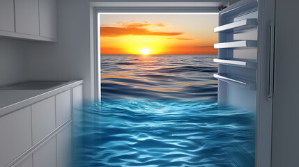Fototapeta premium surreal scene of a kitchen flooded with water, with an open door revealing an ocean view at sunset