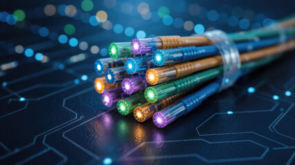 Close-up of glowing fiber optic cables for high-speed internet and data communication. Modern technology and network concept