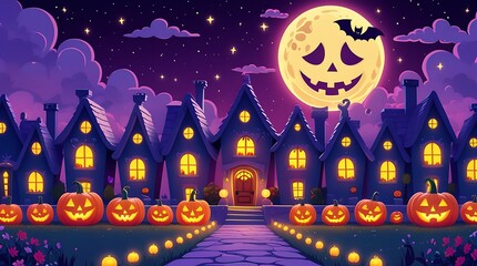 Fototapeta premium Glowing jack o lanterns lined up at night with a whimsical Halloween village scene with spooky houses, a smiling moon, and a cozy cottage in the background. Ideal for Halloween, autumn celebrations