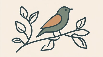 Simple Bird Perched on a Branch with Leaves Minimalist Illustration for Nature and Wildlife Th