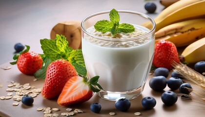 glass of milk surrounded by fresh fruit oatmeal and mint for a healthy breakfast