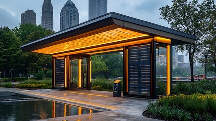 Fototapeta premium Modern illuminated bus stop with solar panels.