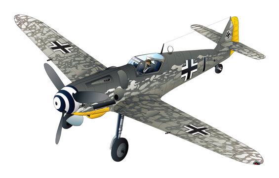 第二次世界大戦下のヨーロッパで活躍したドイツ空軍のレシプロ戦闘機メッサーシュミットBF-109 G-6的のオリジナルカラー線画イラスト。