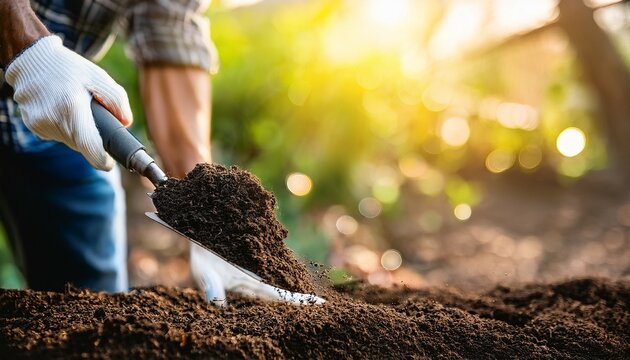 a farmer shoveling black soil in the garden with sunlight and a bokeh background