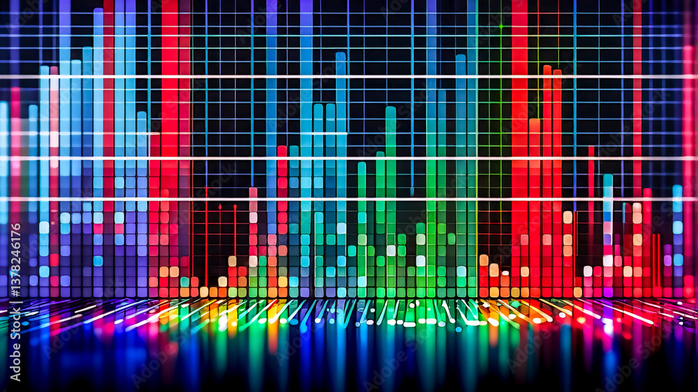 Leinwandbilder Vibrant abstract image featuring colorful vertical bars against a dark grid backdrop, creating a digital spectrum or equalizer effect with reflective floor.