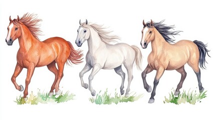 Obraz premium Dynamic scene of three wild horses galloping freely in unison across open fields with grace and power