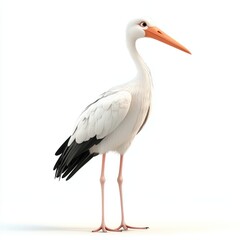 Realistic illustration of a standing stork with long legs, detailed feathers, and vibrant beak against a white background