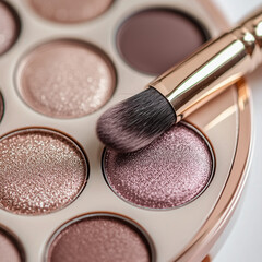 Shimmery rose eyeshadow palette with makeup brush close-up
