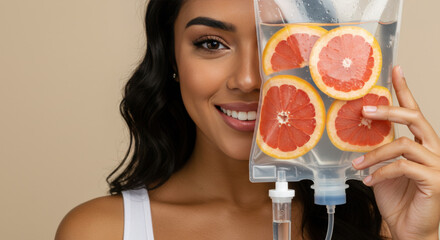 Rejuvenation, revitalization. Smiling woman with IV vitamin drip saline bag, grapefruit slices inside. Vitamin therapy, wellness, beauty. Concept of health, nutrition, detox, medical, skincare