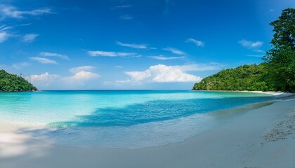 wide panorama of tropical island beach seascape with wide horizon showing beautiful calm sky meeting sea
