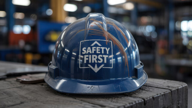 Close-up of a scratched safety helmet with Safety First text, placed on a workbench in an industrial workshop environment.