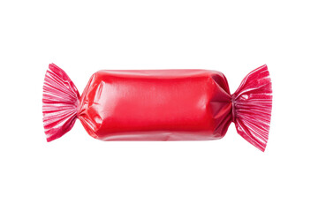 Bright red candy wrapped in shiny wrapper on black background, cut out
