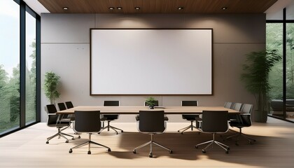 modern boardroom interior with large blank canvas for signage or presentation display on wall natural light through windows 3d rendering