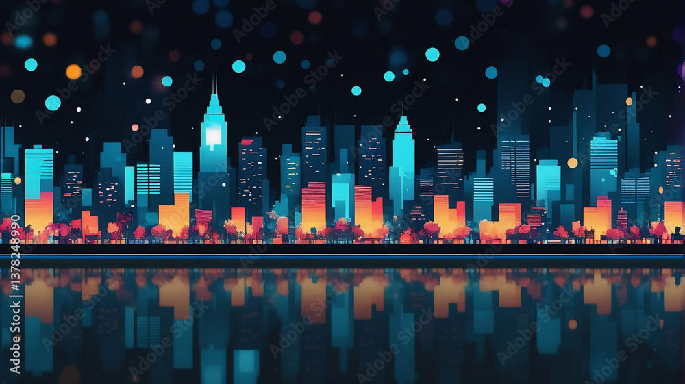 Poster night cityscape view with illuminated buildings reflecting in water under a dark sky with colorful b