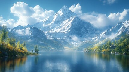 Fototapeta premium Scenic river view snowy mountains high resolution hd image