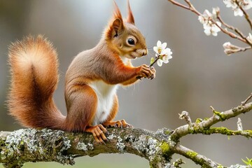 Fototapeta premium Squirrel Gathering Blossoms A squirrel perched on a tree branch, holding a small flower in its paws.