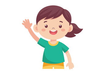 Obraz premium Cheerful Brunette Girl Waving Hand Design on White Background