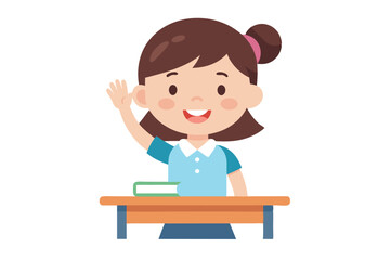 Cheerful Cartoon Girl with Raised Hand Sitting at Desk on White Background