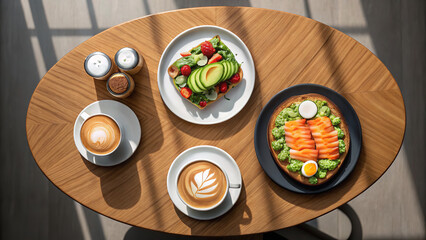 A sunlit café table displays delectable avocado toast, smoked salmon toast, and creamy lattes, a vibrant breakfast scene perfect for a leisurely morning.