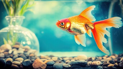 Naklejka premium Vibrant Goldfish Swimming in a Serene Aquarium with Pebbles and Plants