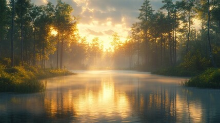 Obraz premium Sunrise over misty forest river