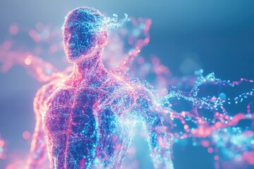 Naklejka premium A glowing digital human figure illuminated with colorful particles in a surreal abstract setting