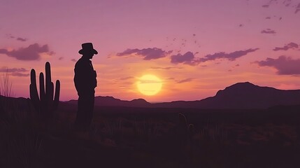 Fototapeta premium Lone Cowboy Sunset Desert Silhouette. (14)