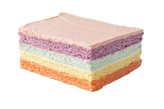 Colorful layered sponge cake slice with pastel shades, cut out
