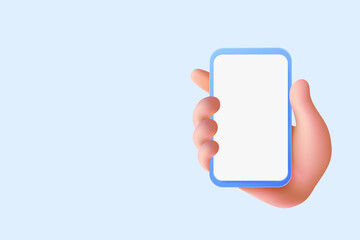3D hand holding blank smartphone screen. A modern digital illustration featuring a stylized hand gripping a mobile device with an empty display, ideal for app mockups and UI design.