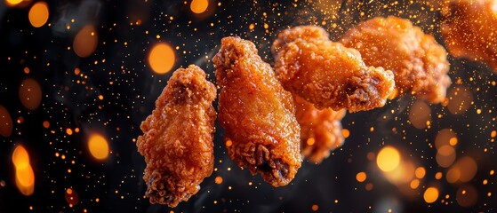Fried chicken wings floating in air with golden bokeh background