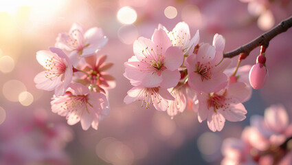 Delicate pink cherry blossoms bathed in soft morning sunlight, a breathtaking springtime scene of gentle beauty and renewal.