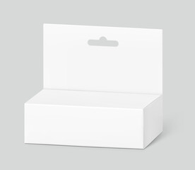Hanging packaging box mockup for cosmetics, accessories. Half side view. Vector illustration isolated on grey background. Ready and simple to use for your design. EPS10.	