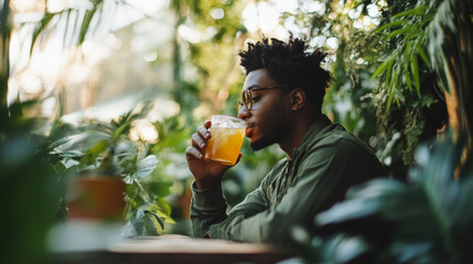 In a peaceful garden, a man relaxes while sipping iced tea, immersed in the calming atmosphere created by vibrant plants and gentle breezes.