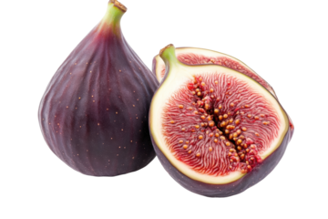 Close-up of fresh ripe purple figs on white background, cut out