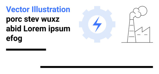 Gear with lightning bolt symbol, smoking factory building. Ideal for technology, industry, energy, sustainability, innovation, manufacturing, simple landing page