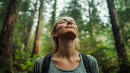 A woman stands in a serene forest, taking deep breaths to relax and connect with nature. Surrounded by towering trees and lush greenery, she embraces tranquility and harmony.