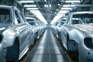 Car bodies being cleaned prior to spraying in car factory vehicle transportation manufacturing.