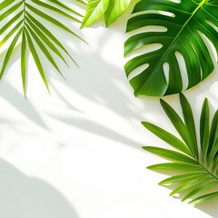 Vibrant green leaves casting shadows on a white background, adding freshness and nature's beauty to your space.