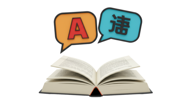 Isolated Open Book with Language Bubbles English and Chinese