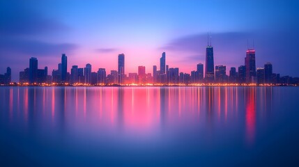 Obraz premium A stunning cityscape skyline at dawn reflects beautifully in calm water creating a serene and picturesque urban landscape.