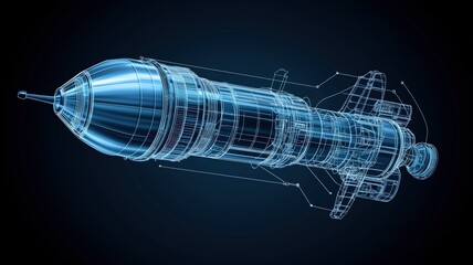 3D blueprint model of a futuristic space rocket on dark background with digital markers