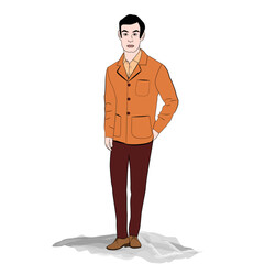 Hombre con chaqueta beige y pantalón marrón.