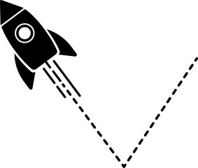 A rocket icon with a dashed line trail forming a V-shaped curve.