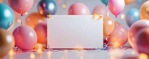 Blank white gift card with colorful balloons and festive decor