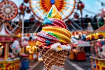 A vibrant rainbow ice cream cone swirls with color, held against the blurred backdrop of a lively fairground with rides and stalls. Sweet treat in a fun setting.